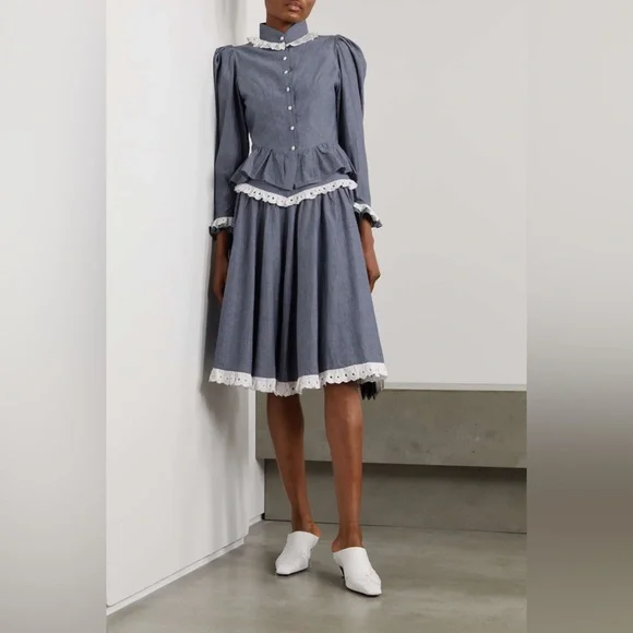 NWOT Batsheva Shirley Broderie Anglaise Cotton Eyelet Lace Chambray Peplum Skirt - Picture 3 of 17